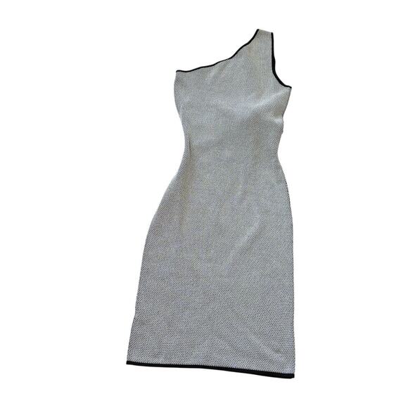 C/MEO Gray Mesh Cocktail Dress - One Shoulder w/ Bow Accent - Size Medium - Midi - Picture 10 of 13